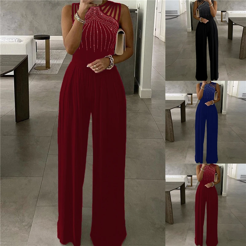 

Summer Women Jumpsuit Office Lady Fashion Elegant Bodysuit Romper Sleeveless Streetwear Wide Leg Hollow Out Female Playsuit 2021