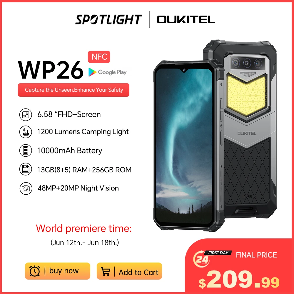 Oukitel WP26 Rugged Cell Phone 10000mAh, 8+8GB RAM 256GB ROM,Mobile Phone, MTK P90 48MP+20MP Night Camera, Smartphone