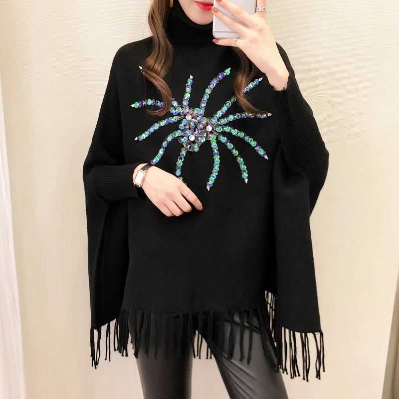 

#1200 Black Red Grey Pullover Shawls And Wraps Women Tassle Loose Batwing Sleeve Cape Coat Warm Outerwear Long Knitted Shawl