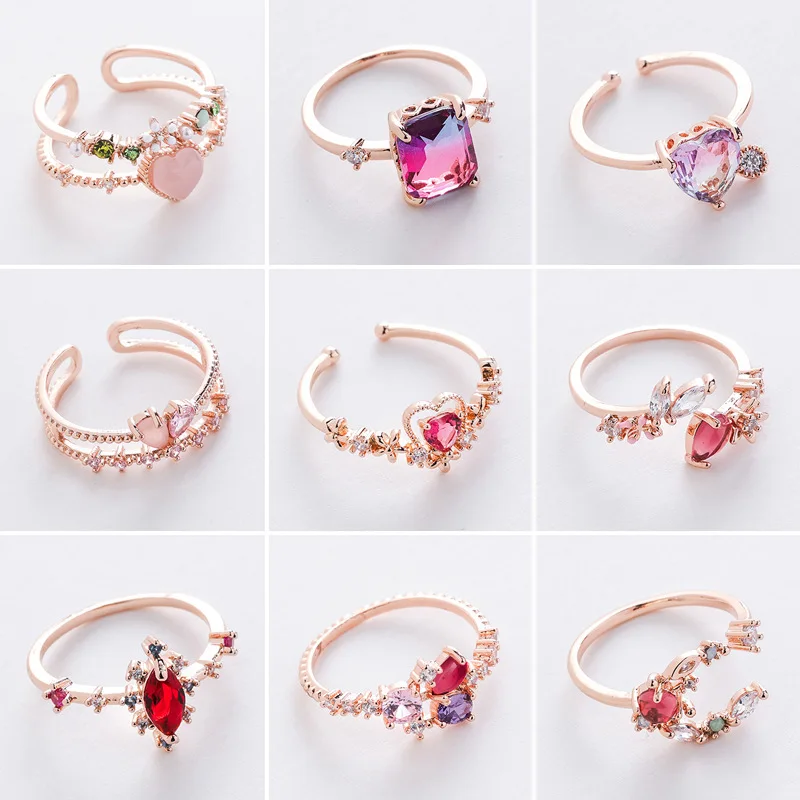 

2020 Hot Sale Shiny Rhinestone Sweet Floral Rings for Women Girls Bling Bling Crystal Mosaic Jewelry Valentine's Gift 23 Colors