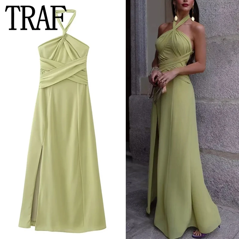 

TRAF Halter Long Dress Women Summer Backless Dress Woman Off Shoulder Elegant Party Dresses For Women 2023 Sexy Evening Dresses