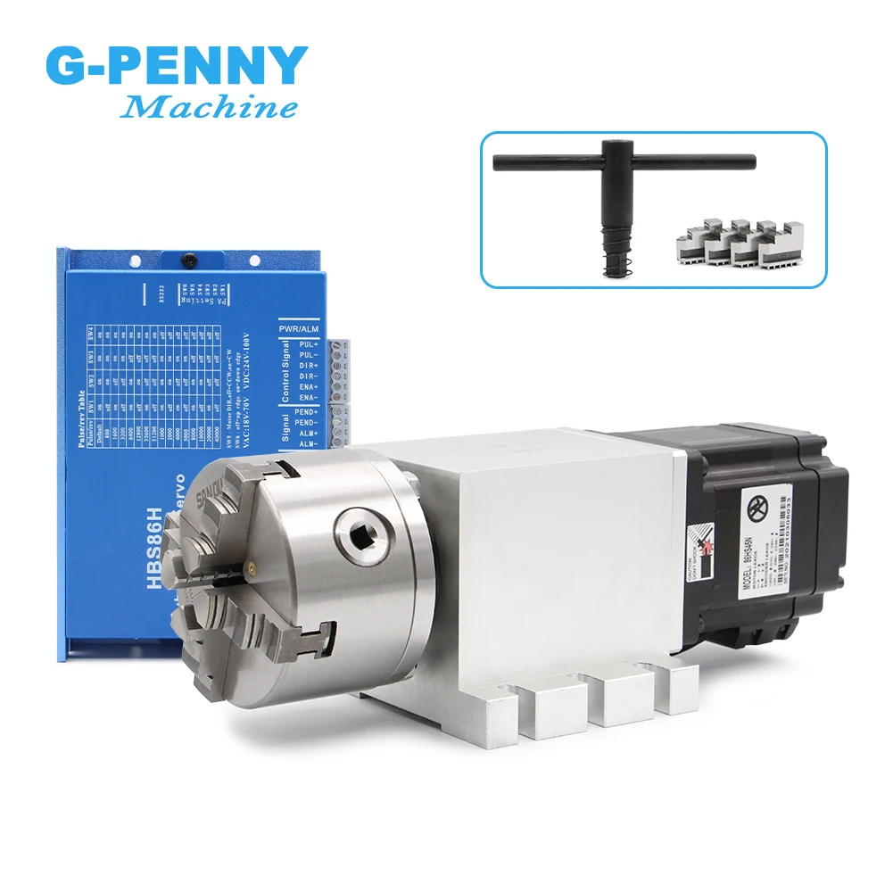 

4th Axis 3/4Jaw 100mm CNC dividing head/Rotation/A axis kit NEMA34 4.5N.m & HBS86H Closed loop stepper motor