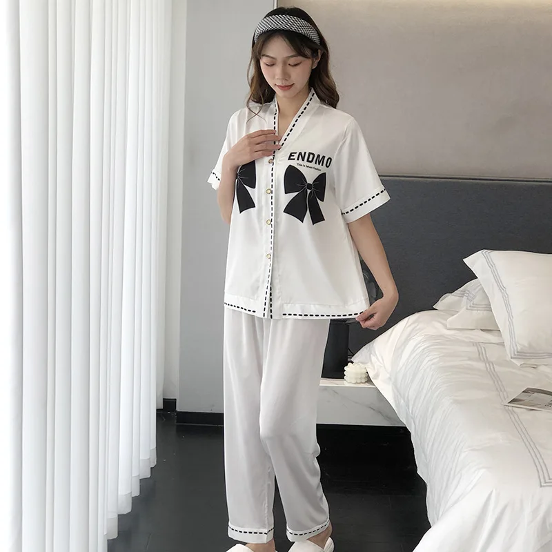 New pajamas women summer ice silk long-sleeved cardigan suit spring and autumn thin section plus size trousers home service