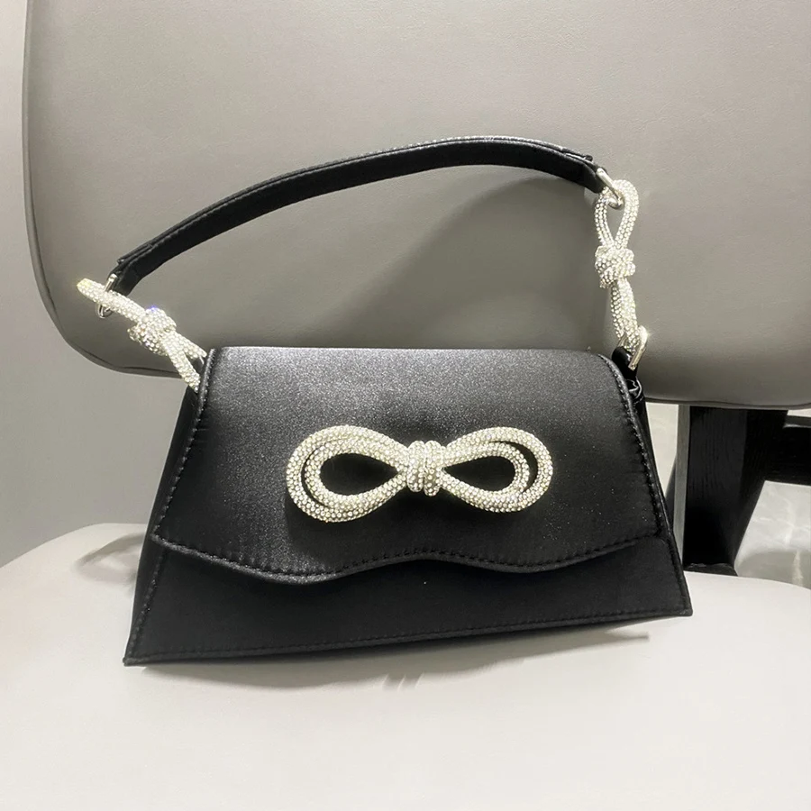 Luxury Shiny Women's Bag 2023 New Diamond Handbags Bowknot Satin Underarm Bag Soild Color Shoulder Bag Party Dinner Bags Bolsas