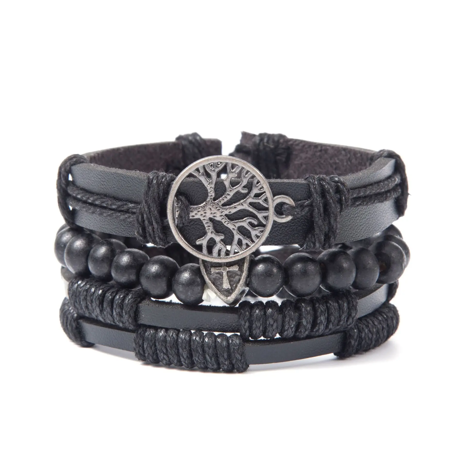 

WANGAIYAO new fashion punk tree of life bracelet multi-layer black woven bracelet set high quality alloy leather men and women b