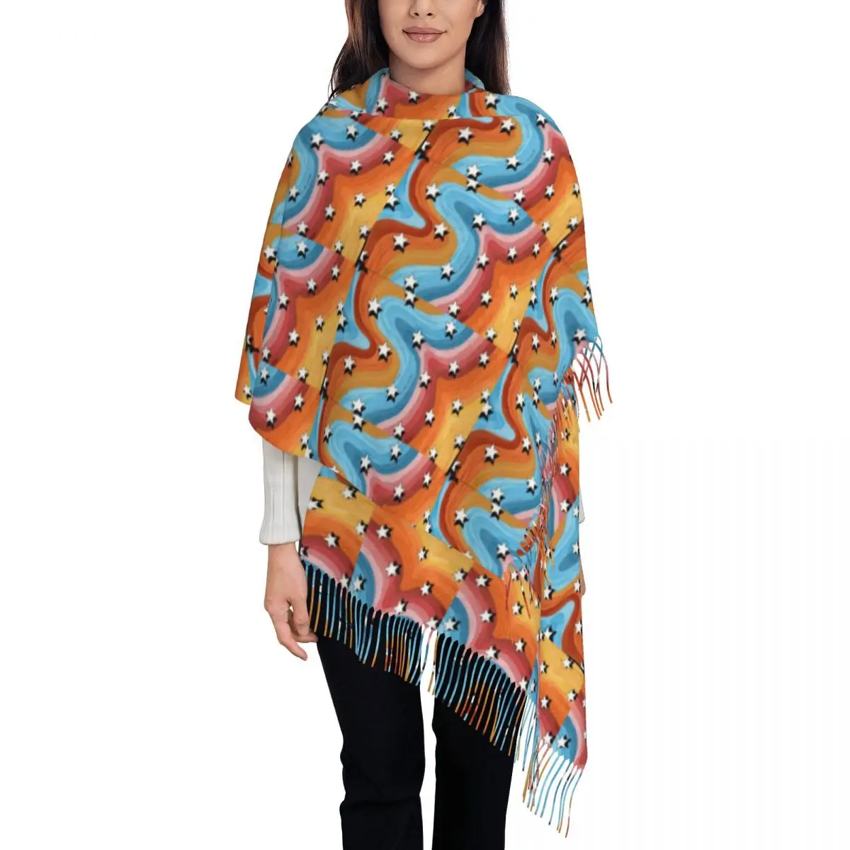 

Multicolored Ripples And Five-pointed Stars Women's Tassel Shawl Scarf Fashion Scarf