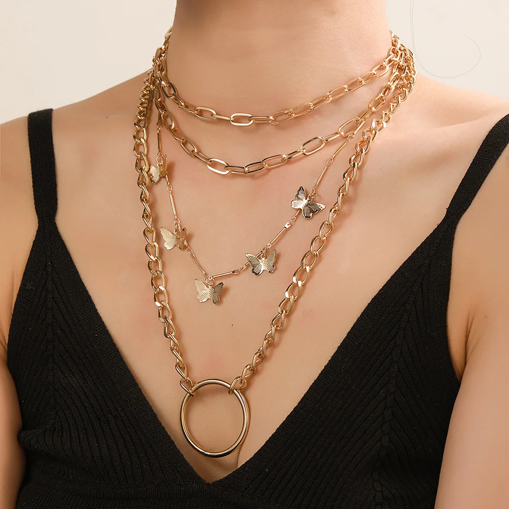 

Gold Color Alloy Chains Bohemia Multi Layers Cute Butterfly Pendant Charms Women Choker Clavicle Necklace