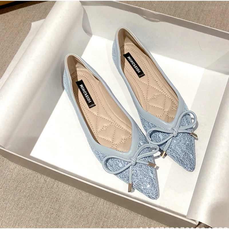 

Luxury Designer Net Microfiber Ballet Flats Women Bowtie Ballerina Shoes Shallow Mouth Glitter Moccasins Women Loafers Size 43