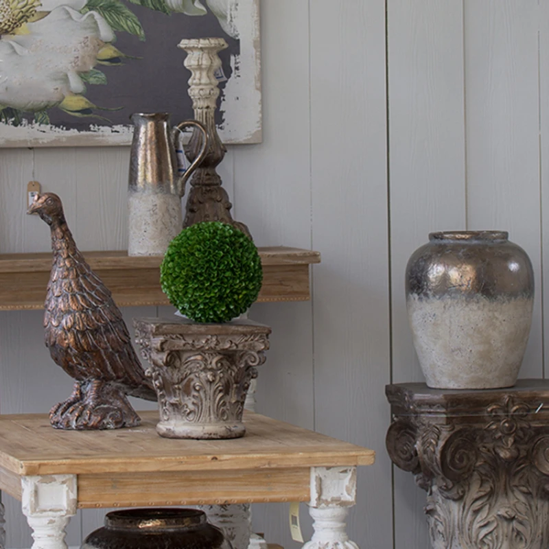 Ваза из грубой керамики винтажный Состаренный орнамент Цветочная композиция для