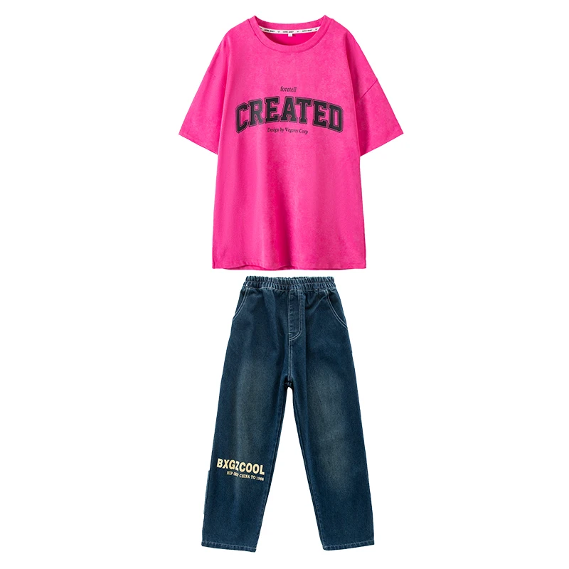 Детская одежда для сцены в стиле хип-хоп футболка с розами топы уличная джинсовые