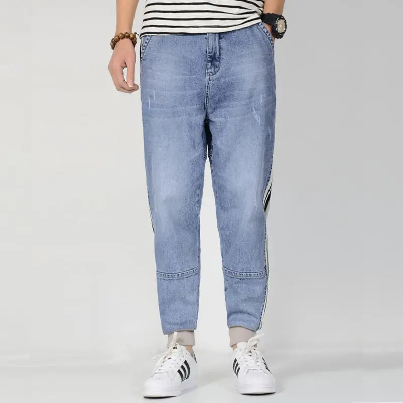 

2019 New Summer Denim Jeans Jogger For Men zipper Light Blue Loose Baggy Plus Size Side stripe Harem Jeans Men Tapered Pants