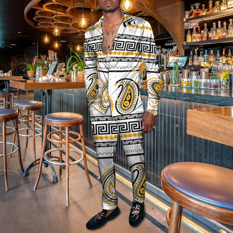 

Autumn Winter Men's Single-Breasted Lapel Shirt Men's Long Pants Pockets 3D Print Home Entertainment Wear 2 Sets