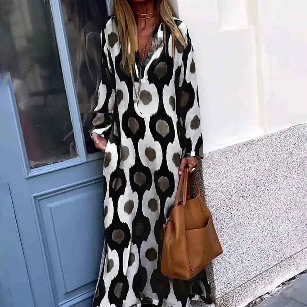 

V-neck Long Dress Vintage Lady Maxi Dress Color Matching Print V Neck Lapel A-line Loose Fit Geometric Print Dress