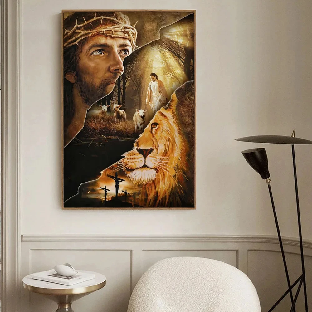 Винтажная картина на холсте постеры с изображением льва и Иисуса принты крест