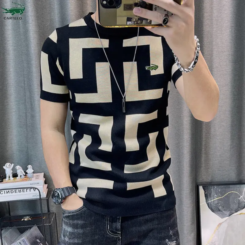 

Cartelo Short Sleeve Knitting T-Shirt Men Slim Streetwear Color Contrast T Shirt Men Tee Shirt Homme Social Club Outfits Tshirt