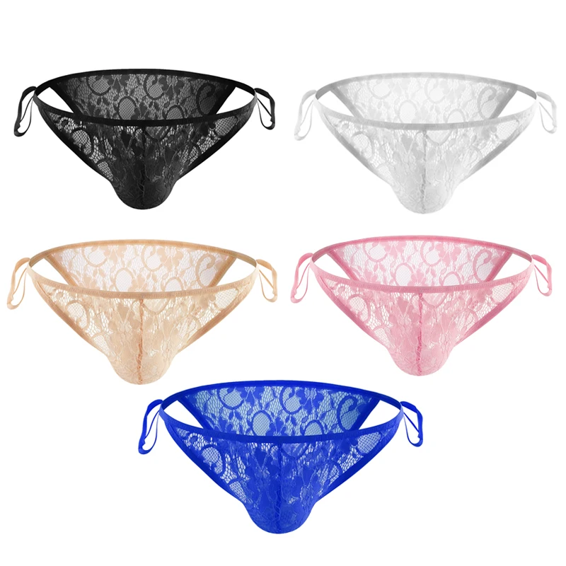 5PCS Sexy Men Hollow Lace Jockstraps Briefs Panties Breathable Bikini Side Open Lace-up Adjustable Underpant Gay Erotic Lingerie