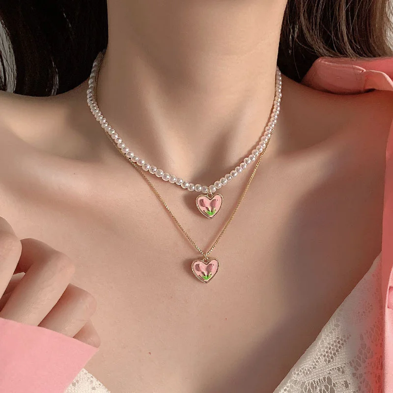 

2Pcs Pearl Tulip Necklace Sets Cute Gold Color Chain Necklaces for Women Heart Romatic Chokers Trendy Fashion Jewerly 2022