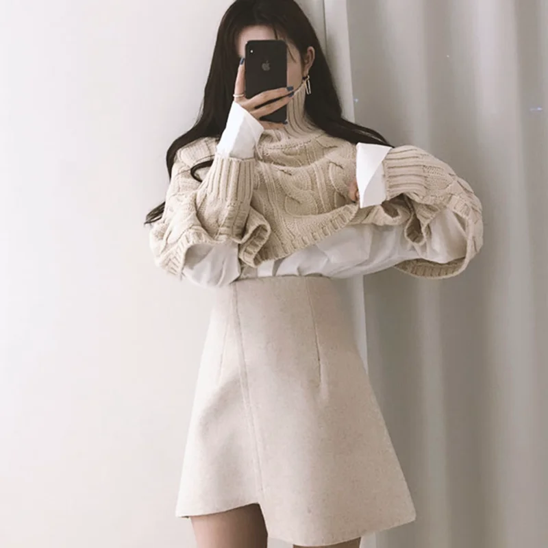 

Long Sleeve Jumper+shorts Skirts Female New Korean Harajuku Suits Autumn Winter Women 2-piece Sets Turtleneck Cropped Sweater