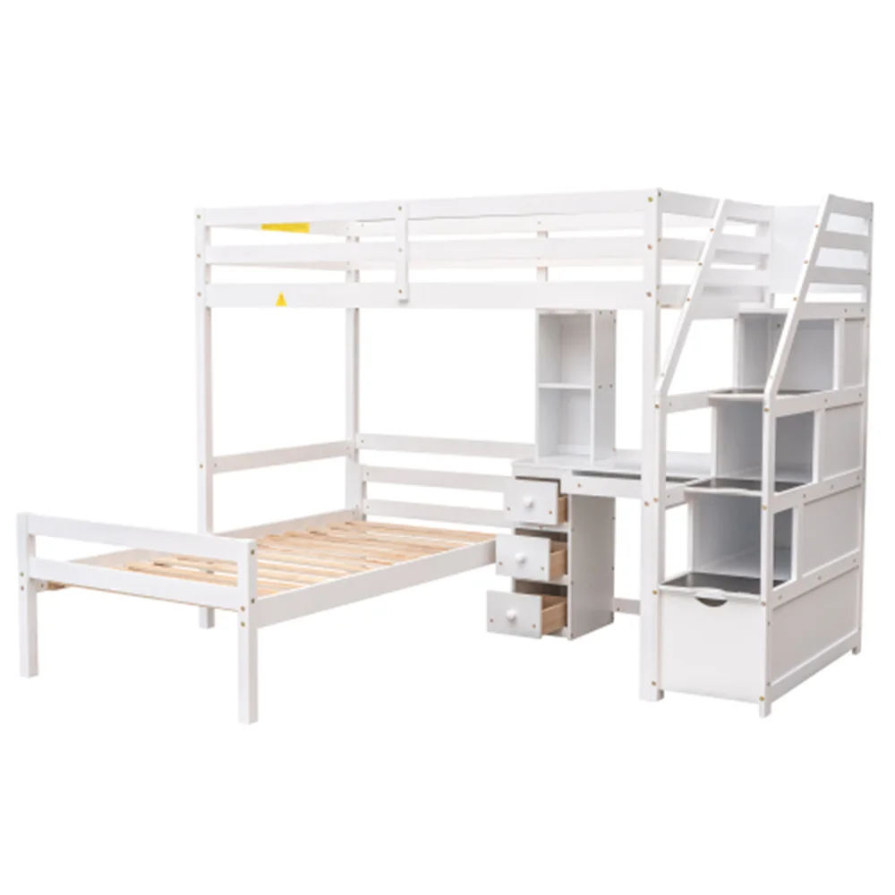

Loft Bed with a Stand-alone Bed, Storage Staircase, Desk, Shelves and Drawers, Bedroom Furniture White Bed Bases & Frames