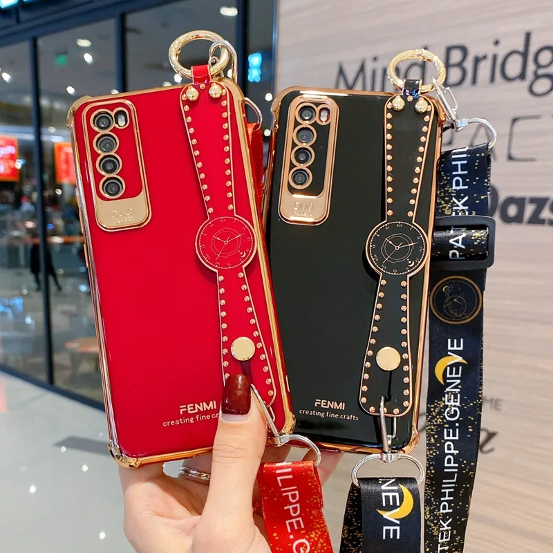 

Solid Color Phone Case with Lanyard Wrist Strap For Iphone Huawei P30 40 50 Pro Mate30 40 Nova5 6 7 8 9 Honor 60 50 OPPO VIVO