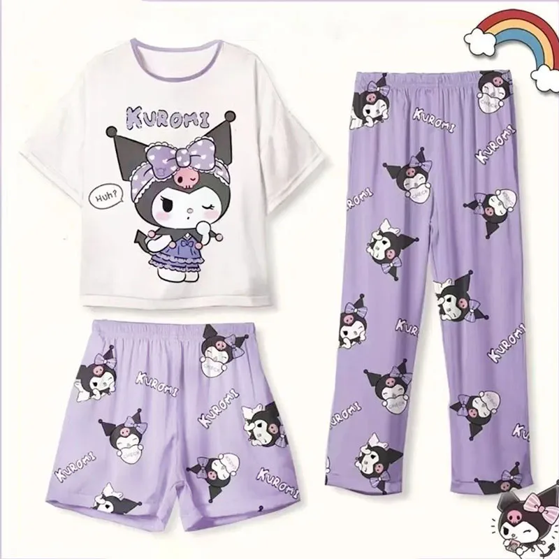 

Kawaii Sanrioed Kuromi летние шорты с коротким рукавом для девочек брюки Комплект из трех частей милые Мультяшные детские свободные бриджи