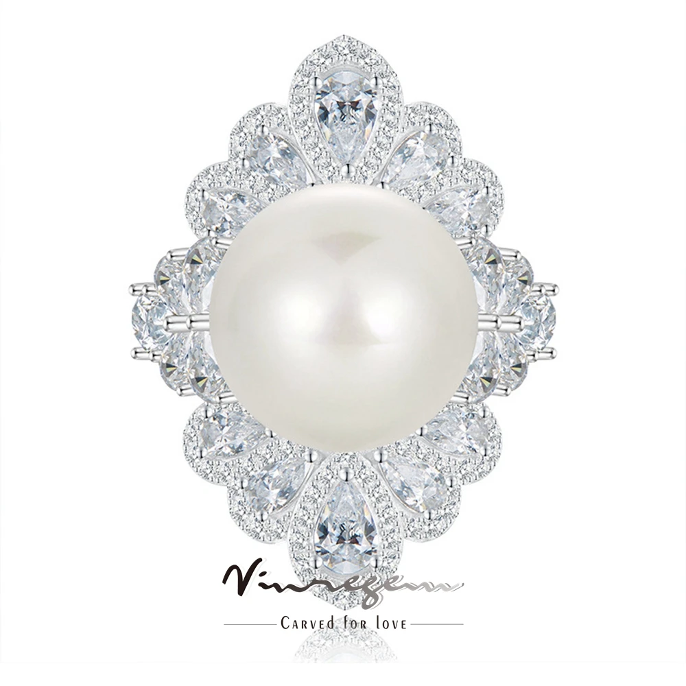 

Vinregem 18K белое золото 16 мм Жемчуг искусственный сапфир драгоценный камень элегантное женское кольцо 925 пробы серебряные обручальные ювелирные изделия