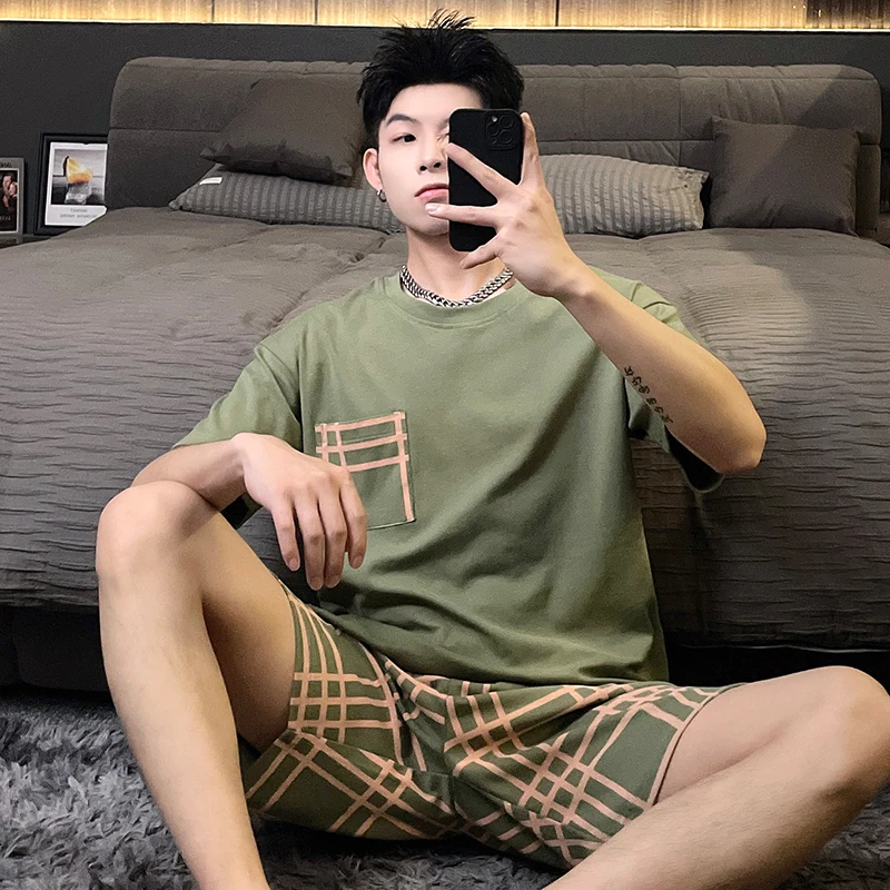 Men Summer Pyjama Set Cotton Soft Comfortable Striped Teen Pocket Lounge Plaid Home Sleepwear 2 Pieces Broadcloth