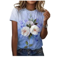 ladies summer o neck t shirt rose floral 3d print casual loose top ladies street fashion shirt