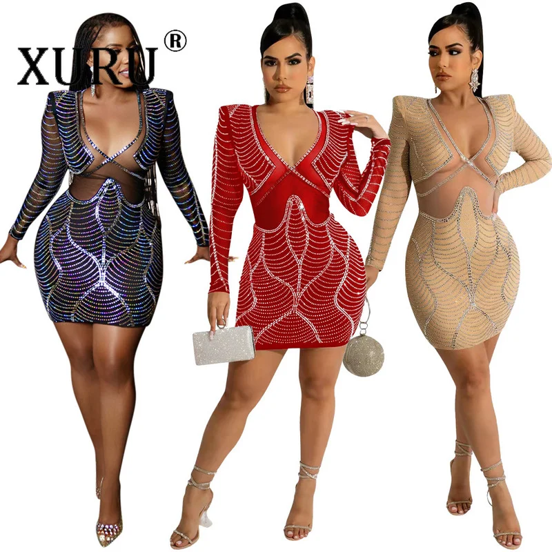 

XURU Sexy Dinner Party Dress V-neck Hot Diamond Bag Hip Perspective Dress Nightclub New Dress Women's