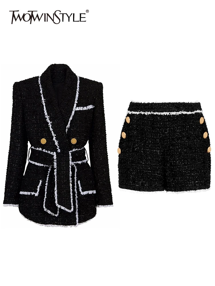 

TWOTWINSTYLE Elegant Raw Hem Two Piece Set Women Notched Collar Long Sleeve Blazer High Waist Shorts Colorblock Sets Female New