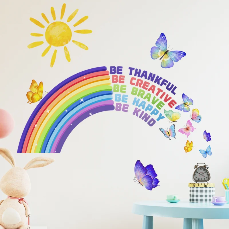

Rainbow Sun Butterfly Wall Sticker Inspirational Language Kids Room Bedroom Nursery Decoration Wallpaper Self Adhesive Decals