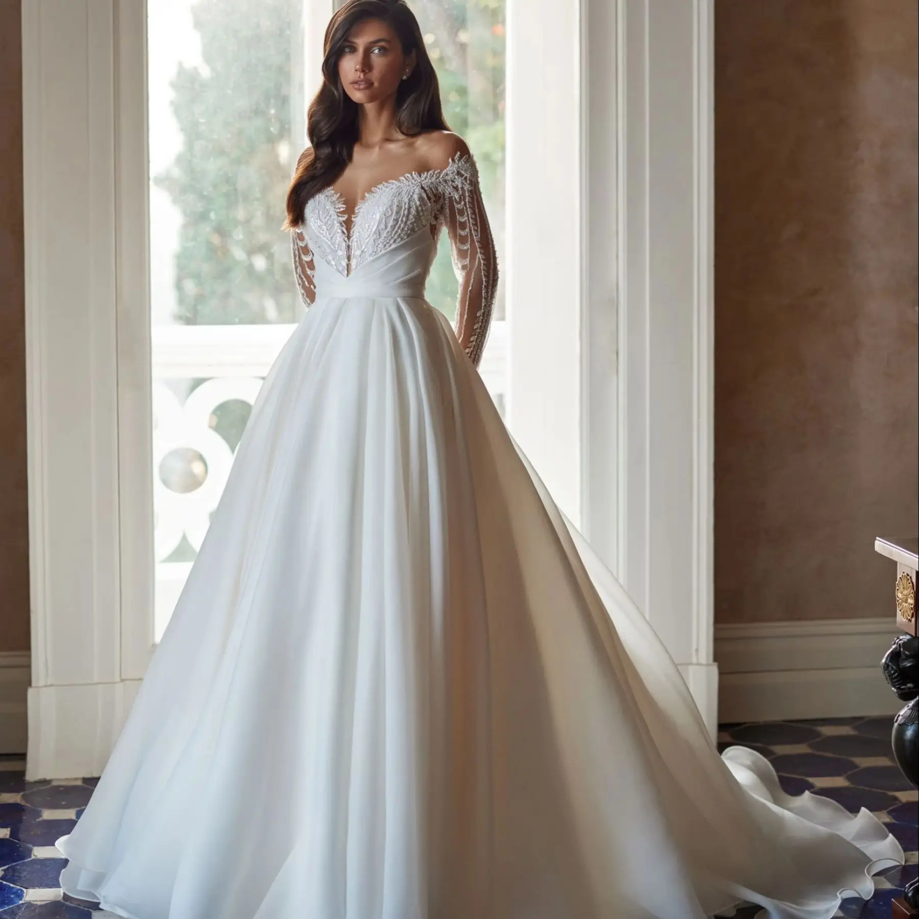 

Женское ТРАПЕЦИЕВИДНОЕ свадебное платье It's yiiya, белое элегантное платье с V-образным вырезом, открытыми плечами, длинными рукавами, пуговица...