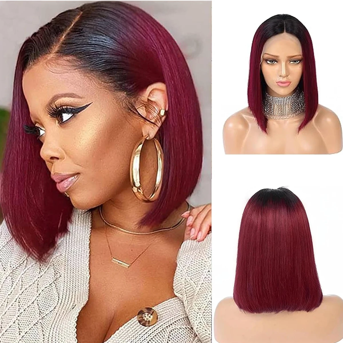 Короткий Боб T1B/99J Парик Фронта Шнурка 13x4 Человеческие Волосы Remy 1B Темно-красный