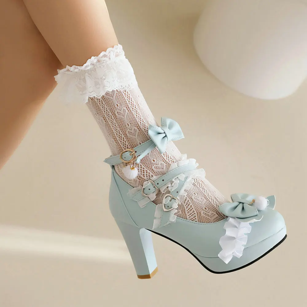Pink Plush Ball Lace Bow High Heels, Purple Cute Girly Platforms Vintage Style Aesthetic Shoes Sissy ABDL Princess Cosplay Pumps