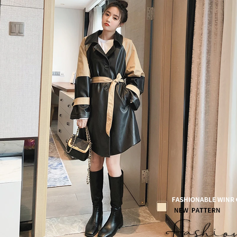 

Women's Autumn New Pu Leather Windbreaker Hot Style All-Match Hit Color Fried Street Mid-Length Waist Coat Leather Jacket FH1235