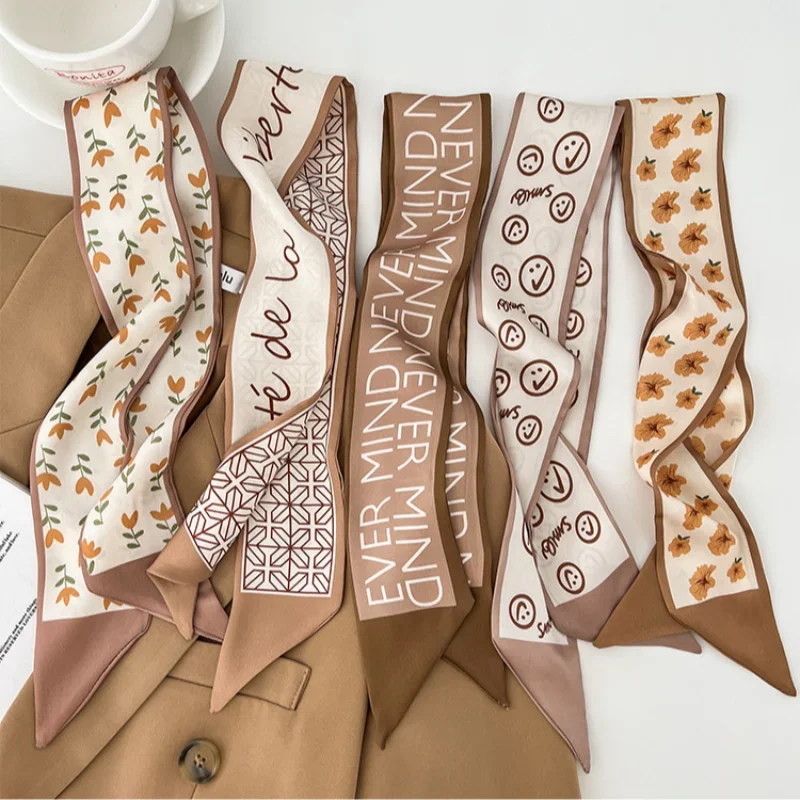 Quality Khaki Nude Color Series Silk Scarf HairBand Ribbon Tied-up Hair Long Bow Vintage Satin Accessories Scarves