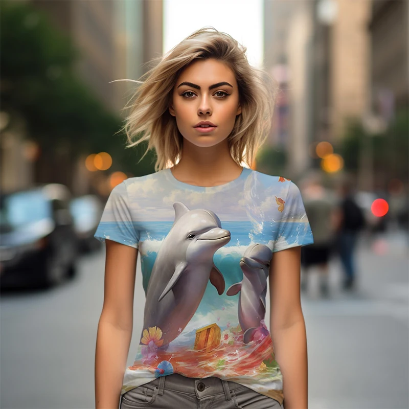 

High -quality Daily Wild Ladies Oversized T -shirt New 3D Cute Dolphin Printing Pattern T -shirts In Hawaii Beach Party T -shirt