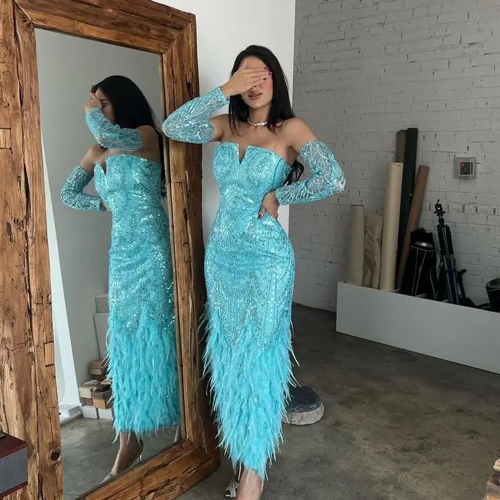 

V Neck Luxury A-Line Evening Dress Feather Prom Dresses Strapless Ankle Length lace Formal Occasion Gown Women Wedding Party
