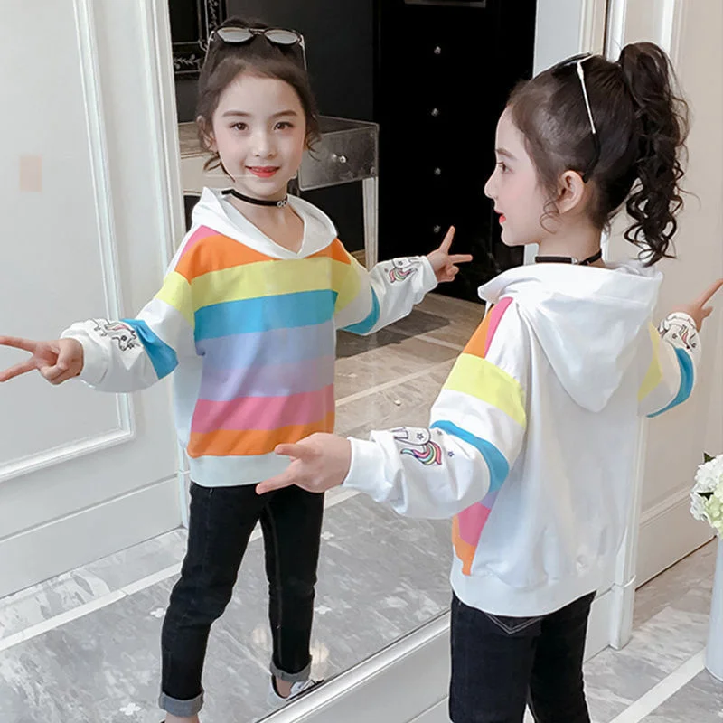 Girls' Hoodies Sweatshirts Jacket 2022 Rainbow Spring Autumn Top Thicken Pullover Fleece Tops Cotton Toddler Pullover Baby's Kid