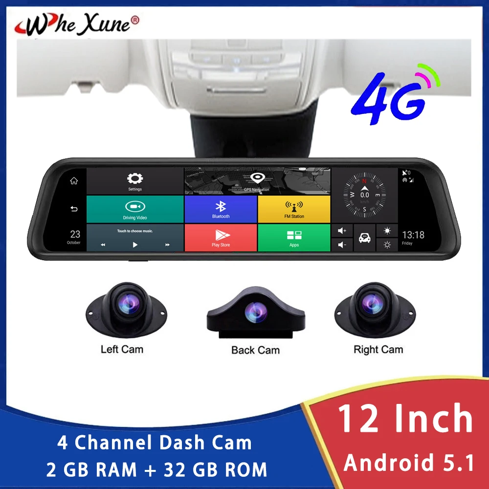 

Видеорегистратор WHEXUNE12, 12 дюймов, IPS, 4 канала, 4G, Android, ADAS, Wi-Fi, Автомобильный видеорегистратор, видеорегистратор Full HD 1080P, зеркало заднего вида, GPS-навигация