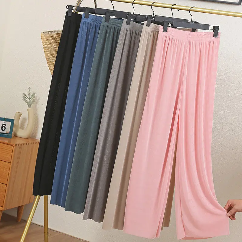

Women 2022 Spring Summer Fashion Loose Pants Female Soft Ice Silk Ankle-Length Wide Leg Pants Ladies High Waisted Trousers F39