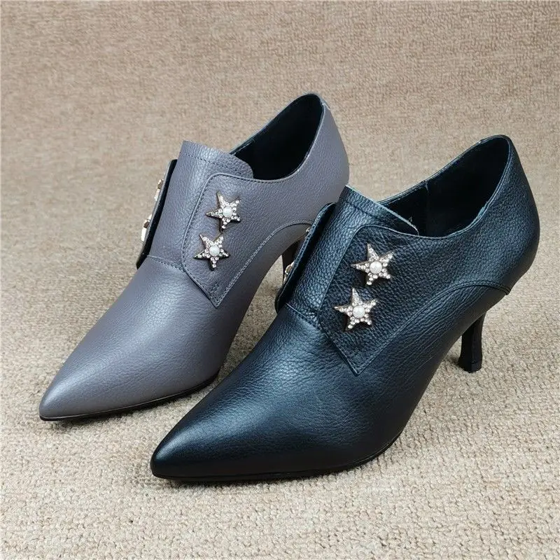 

Новинка 2022, женские ботинки FHANCHU на высоком каблуке, модная кожаная обувь, туфли-лодочки с острым носком, в западном стиле, черные, серые, Прям...