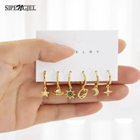 sipengjel 6 pcs fashion black zircon crystal star moon drop earrings set korea style small hoop earrings for women jewelry