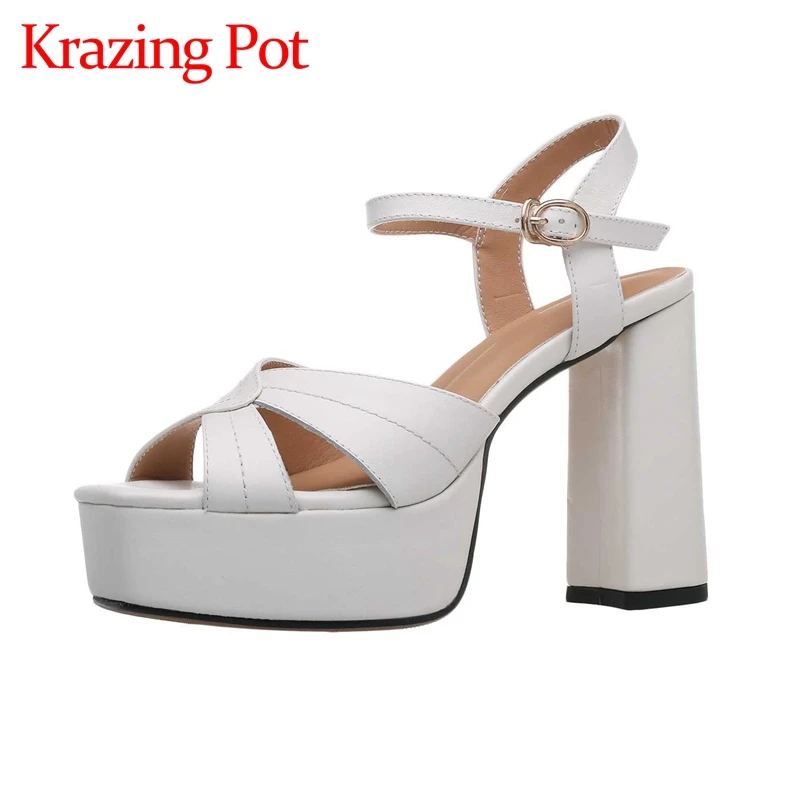 

Krazing Pot 2022 summer new genuine leather peep toe super high heels model catwalk buckle strap fashion solid women sandals L99