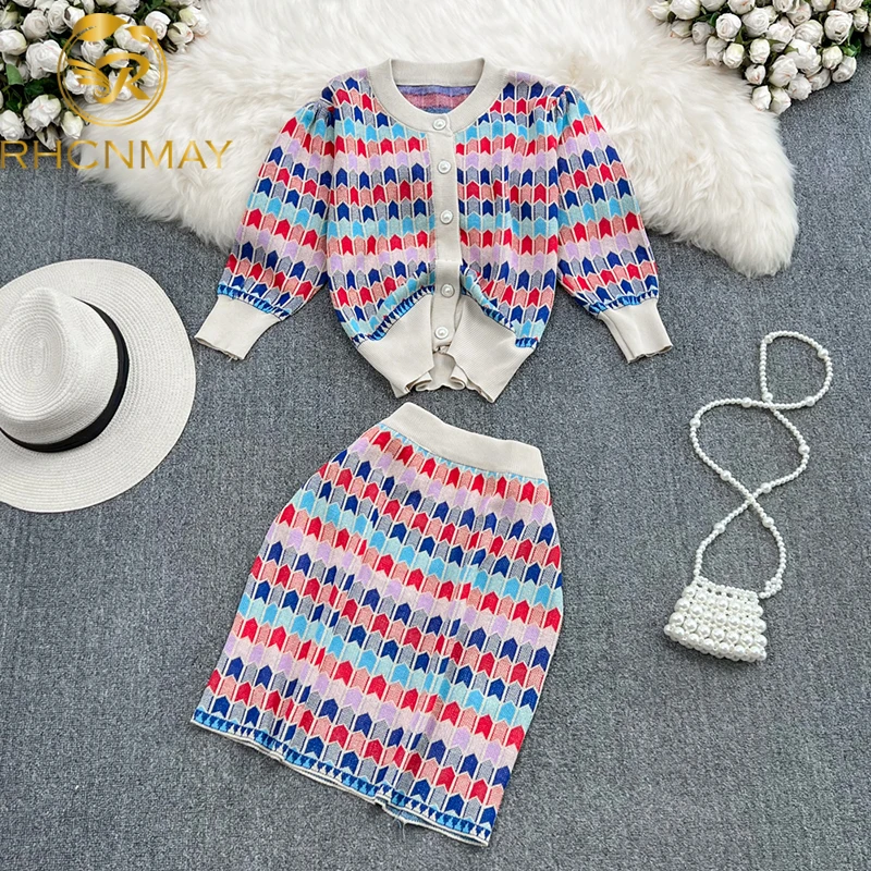 

Женский комплект из 2 предметов, элегантный однобортный вязаный кардиган и юбка с высокой талией в стиле ретро, весна-лето 2022