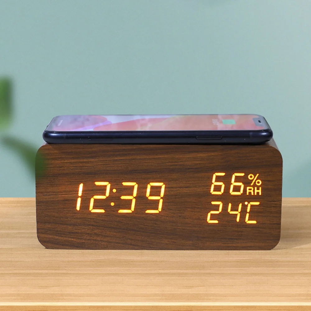 

Digital Alarm Clock, Temperature and Humidity Alarm Clock LED Electronic Clock Smartphone Wireless Charger (Brown)