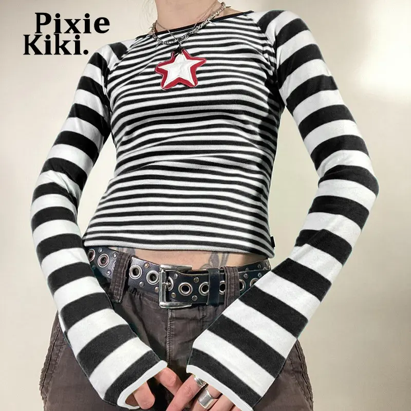 Футболка женская полосатая с вышивкой в виде звезд Y2k |