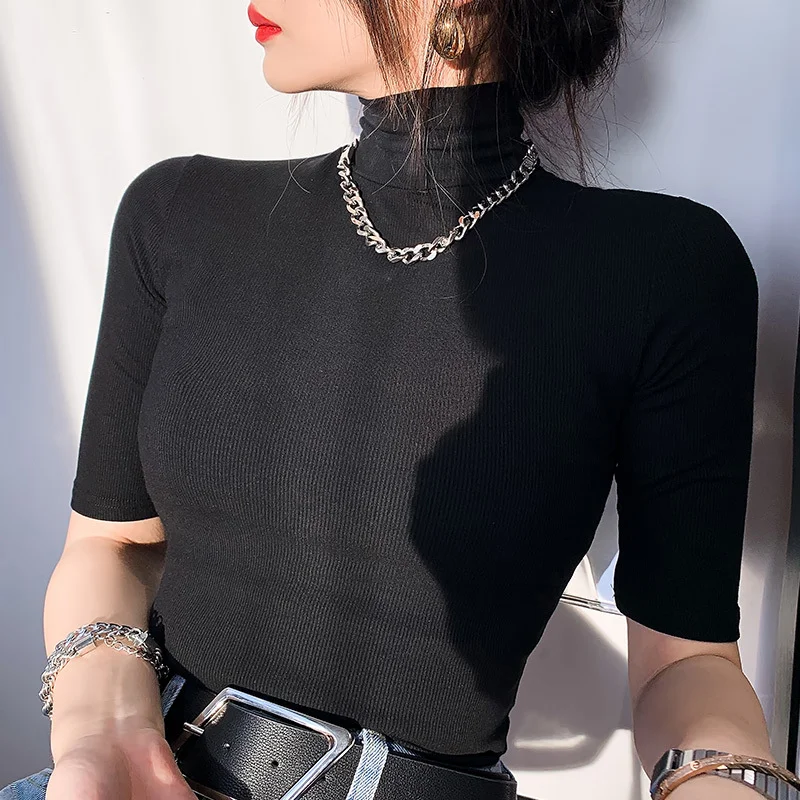 

2023 Summer New Half Sleeve High Neck Underlay Shirt with Middle Sleeve Body T-shirt top Threaded Short Sleeve T-shirt for Women