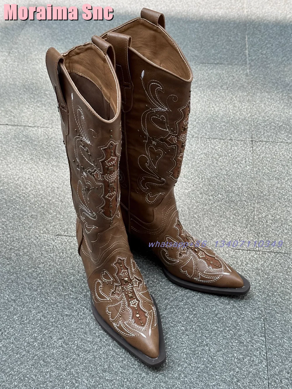 Женские Длинные мотоциклетные ботинки с острым носком и вышивкой в стиле ретро