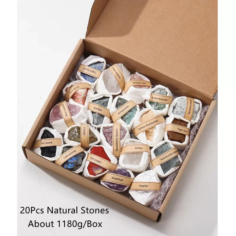 

20 шт./коркор. Хрустальный необработанный камень, Подарочная коробка, натуральный аметист, розовый кварц, лечебный камень, энергетическая ру...